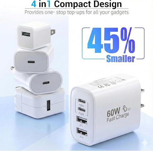 كتلة شاحن USB-C بقدرة 60 واط من TT&C (عبوة من قطعتين)، محور شحن سريع بـ 4 منافذ (2 USB-C، 2 USB-A)، قابس حائط PD 3.0 متوافق مع iPhone 17/16/15 وiPad وSamsung Galaxy S25/S24/S23 in Kuwait