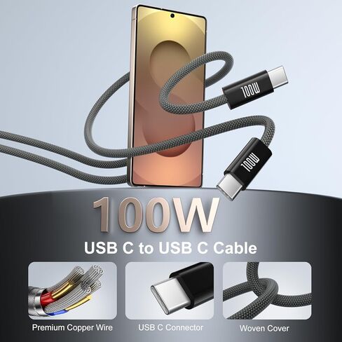 شاحن USB C بقدرة 45 وات لجهاز Galaxy S26 S25 Ultra، كتلة شحن فائقة السرعة مع كابل USB C إلى C بطول 6 أقدام متوافق مع Galaxy S24 FE S23 S22 S21، Note، Tab S12، iPhone 17 Pro Max -2 حزمة، أسود in Kuwait