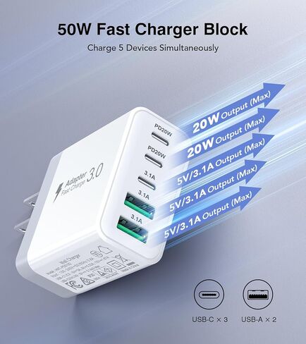 USB C Charger Block, [2-Pack] 60W 5-Port Fast Charger 20W Type C Charging Block 3.1A USB Wall Charger Dual Port PD+QC Charging Cube for iPhone 17 16 15 14 13 12 Pro Max XS, iPad, Samsung Phone, Tablet in Kuwait