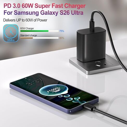 شاحن سامسونج فائق السرعة 60 وات لشواحن هواتف أندرويد، 2 حزمة شاحن USB C كتلة شحن سريع وسلك كابل USB C بطول 10 أقدام لهاتف Samsung Galaxy S26 Ultra/S26/S26+/S25 Ultra/S25/S24/S23/S22 Ultra/S20 in Kuwait