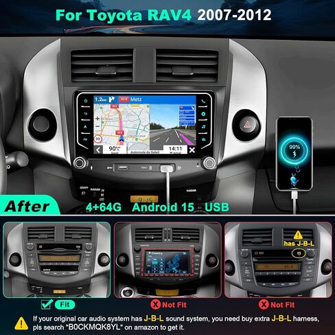 راديو سيارة 8Core+64G لسيارة Toyota RAV4 2007-2012، نظام Android 15 GPS Navigation Stereo، مع Carplay Wireless Android Auto، وحدة رأس تعمل باللمس Bluetooth 5.2، التحكم في عجلة القيادة، كاميرا احتياطية، FM، DSP in Kuwait