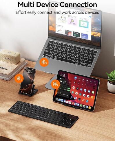 TECKNET Foldable Bluetooth Keyboard with Touchpad, Portable Folding Wireless Keyboard for iPad Tablet Laptop, Connect Up to 3 Devices, Rechargeable Travel Keyboard for iOS Android Win, Black in Saudi Arabia