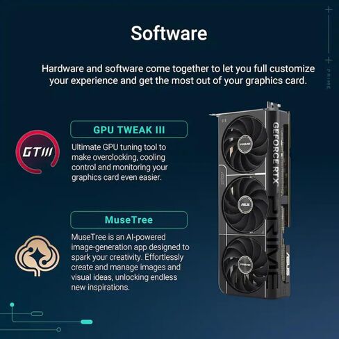 ASUS Prime RTX 5070 Ti OC 16GB GDDR7 GPU، PCIe 5.0، HDMI 2.1b، 3X DP 2.1b، ألعاب FPS عالية 4K، كمبيوتر منشئ، إنشاء AI، تحرير الفيديو، عرض ثلاثي الأبعاد، بث، ذكاء اصطناعي محلي، مع حامل GPU in Kuwait