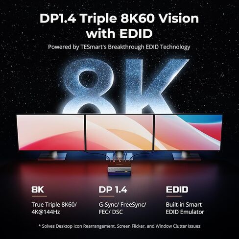 محول TESmart DP KVM 3 شاشات 2 جهاز كمبيوتر 8K@60 هرتز، USB 3.0 KVM Switch شاشة ثلاثية 2 جهاز كمبيوتر DisplayPort 1.4، EDID، 1G Ethernet، مفتاح Hotkey، 4K@144 هرتز للألعاب والمكتب المنزلي in Kuwait