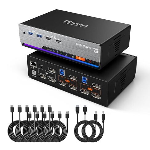 محول TESmart DP KVM 3 شاشات 2 جهاز كمبيوتر 8K@60 هرتز، USB 3.0 KVM Switch شاشة ثلاثية 2 جهاز كمبيوتر DisplayPort 1.4، EDID، 1G Ethernet، مفتاح Hotkey، 4K@144 هرتز للألعاب والمكتب المنزلي in Kuwait