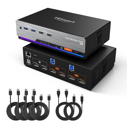 محول TESmart DP KVM 3 شاشات 2 جهاز كمبيوتر 8K@60 هرتز، USB 3.0 KVM Switch شاشة ثلاثية 2 جهاز كمبيوتر DisplayPort 1.4، EDID، 1G Ethernet، مفتاح Hotkey، 4K@144 هرتز للألعاب والمكتب المنزلي in Kuwait