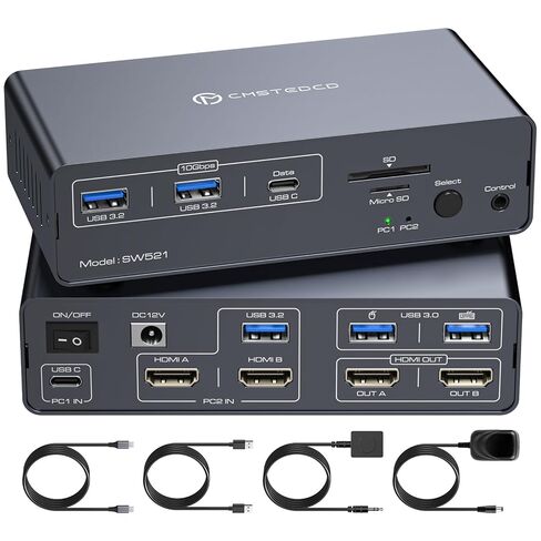 USB C KVM Switch 2 شاشات 2 أجهزة كمبيوتر HDMI 4K60 هرتز EDID KVM محطة إرساء لـ 1 كمبيوتر محمول 1 مشاركة سطح المكتب شاشة مزدوجة 13 في 1 قفص الاتهام in Kuwait