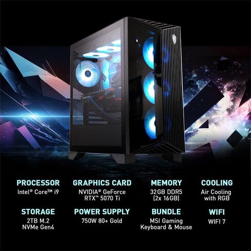 msi Aegis R2 Gaming Desktop Intel Core i9 14900F RTX 5070 Ti 32GB DDR5 2TB SSD كمبيوتر ألعاب عالي الأداء Ray Tracing AI Graphics WiFi Bluetooth Windows 11 ضمان CPS لمدة 12 شهرًا in Kuwait