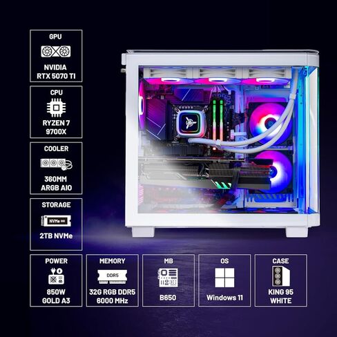 كمبيوتر مكتبي Skytech Gaming King 95، Ryzen 7 9700X 3.8 جيجا هرتز (5.5 جيجا هرتز)، NVIDIA RTX 5070 Ti 16 جيجا، 2 تيرابايت Gen4 NVMe SSD، 32 جيجا DDR5 RAM 6000 RGB، 850 وات ذهبي ATX 3 PSU، 360 مم ARGB AIO، واي فاي، ويندوز 11 in Kuwait