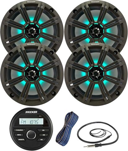Kicker All-Weather Marine Gauge Style Bluetooth USB Stereo Receiver Bundle Combo with (Qty 4) 8" 2-Way 300W Max Coaxial Marine LED Speakers w/Charcoal Grilles, 50-Ft 16-Gauge Wire, 22" Antenna in Kuwait