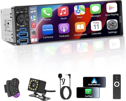 ستيريو السيارة أحادي الدين من REAKOSOUND - قم بترقية سيارتك القديمة، 6.5 بوصة مع Apple CarPlay اللاسلكي وAndroid Auto، راديو السيارة مع بلوتوث، كاميرا احتياطية جاهزة، FM/USB/SWC/MIC in Kuwait