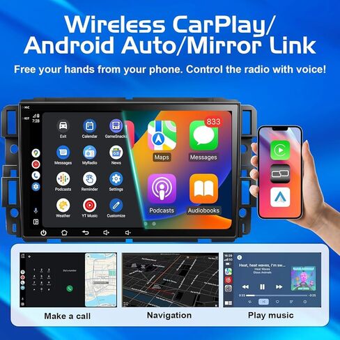 راديو سيارة 32 جيجا مطور لسيارة Chevy Silverado/GMC Sierra Yukon/Buick Enclave 2007 2008 2009 2010 2011 2012 مع Carplay اللاسلكي وAndroid Auto 8 بوصة شاشة لمس فائقة الدقة، AM/FM/RDS، كاميرا احتياطية، SWC in Kuwait