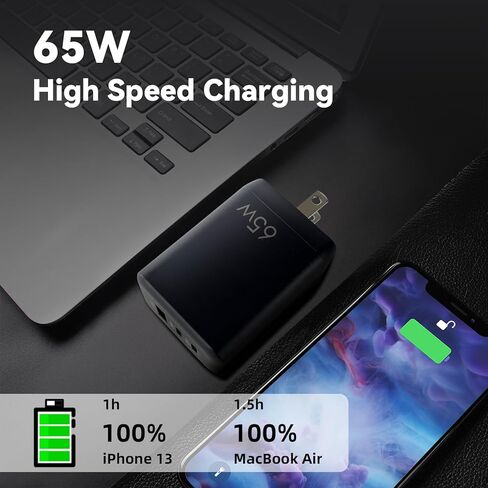 كتلة شاحن USB C بقدرة 65 وات، PPS GaN، محول طاقة مدمج قابل للطي بثلاثة منافذ، محطة شحن سريعة من النوع C متوافقة مع MacBook وGalaxy S24 وiPhone 16/15Pro وSwitch وSteam Deck وGalaxy S24 أسود in Kuwait