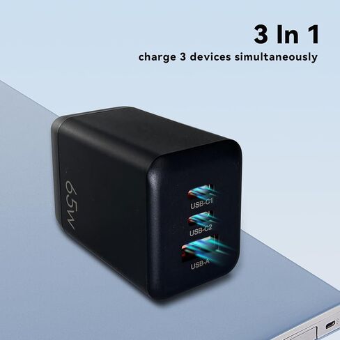 كتلة شاحن USB C بقدرة 65 وات، PPS GaN، محول طاقة مدمج قابل للطي بثلاثة منافذ، محطة شحن سريعة من النوع C متوافقة مع MacBook وGalaxy S24 وiPhone 16/15Pro وSwitch وSteam Deck وGalaxy S24 أسود in Kuwait