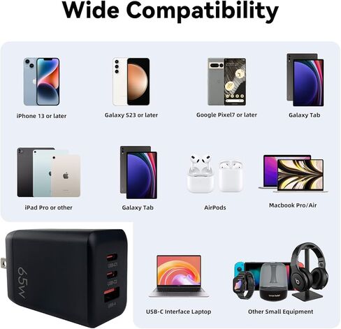 كتلة شاحن USB C بقدرة 65 وات، PPS GaN، محول طاقة مدمج قابل للطي بثلاثة منافذ، محطة شحن سريعة من النوع C متوافقة مع MacBook وGalaxy S24 وiPhone 16/15Pro وSwitch وSteam Deck وGalaxy S24 أسود in Kuwait