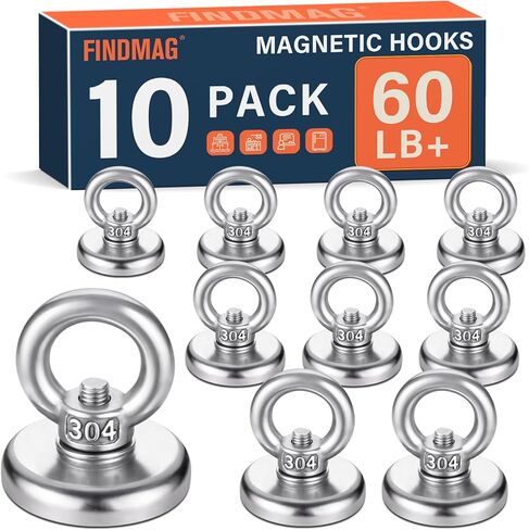 FINDMAG 100 رطل خطافات مغناطيسية قوية، خطافات مغناطيسية لكبائن الرحلات البحرية، 10 عبوات مغناطيس ثلاجة شديدة التحمل مع مسمار ذو فتحة غاطسة، مغناطيس نيوديميوم قوي للأبواب المعدنية in Kuwait