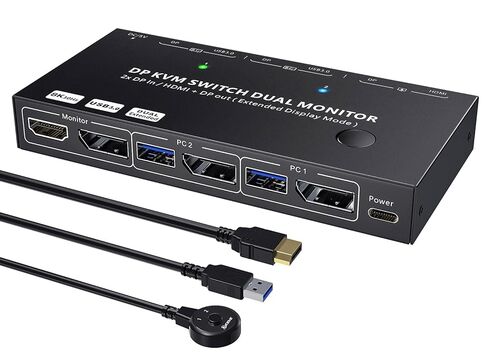 KCEVE KVM Switch 2 شاشات 2 أجهزة كمبيوتر Displayport HDMI، USB 3.0 KVM Switch شاشة مزدوجة 4K@60 هرتز MST مشاركة 4 أجهزة USB ماوس لوحة المفاتيح، مع جهاز تحكم سلكي (4K DP HDMI 2 في 2 خارج KVM) in Kuwait