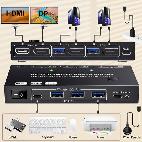 KCEVE KVM Switch 2 شاشات 2 أجهزة كمبيوتر Displayport HDMI، USB 3.0 KVM Switch شاشة مزدوجة 4K@60 هرتز MST مشاركة 4 أجهزة USB ماوس لوحة المفاتيح، مع جهاز تحكم سلكي (4K DP HDMI 2 في 2 خارج KVM) in Kuwait