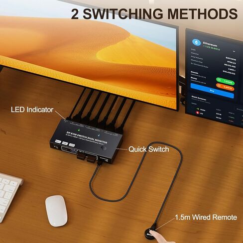 KCEVE KVM Switch 2 شاشات 2 أجهزة كمبيوتر Displayport HDMI، USB 3.0 KVM Switch شاشة مزدوجة 4K@60 هرتز MST مشاركة 4 أجهزة USB ماوس لوحة المفاتيح، مع جهاز تحكم سلكي (4K DP HDMI 2 في 2 خارج KVM) in Kuwait