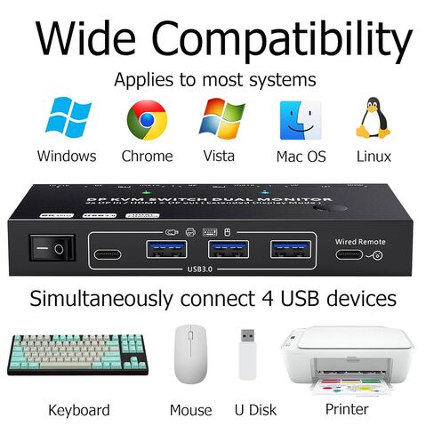 KCEVE KVM Switch 2 شاشات 2 أجهزة كمبيوتر Displayport HDMI، USB 3.0 KVM Switch شاشة مزدوجة 4K@60 هرتز MST مشاركة 4 أجهزة USB ماوس لوحة المفاتيح، مع جهاز تحكم سلكي (4K DP HDMI 2 في 2 خارج KVM) in Kuwait