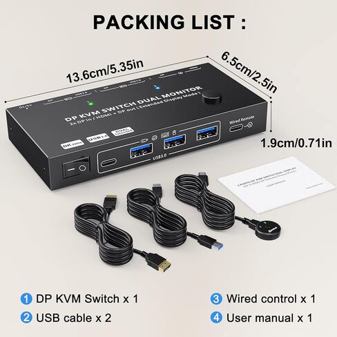 KCEVE KVM Switch 2 شاشات 2 أجهزة كمبيوتر Displayport HDMI، USB 3.0 KVM Switch شاشة مزدوجة 4K@60 هرتز MST مشاركة 4 أجهزة USB ماوس لوحة المفاتيح، مع جهاز تحكم سلكي (4K DP HDMI 2 في 2 خارج KVM) in Kuwait