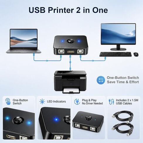 مفتاح مشاركة الطابعة USB 2.0، محدد يدوي بمنفذي USB B لجهازي كمبيوتر مشاركة طابعة واحدة - مؤشر LED، يعمل بالحافلة، يتضمن كابلين USB A إلى B بطول 1.5 متر in Kuwait