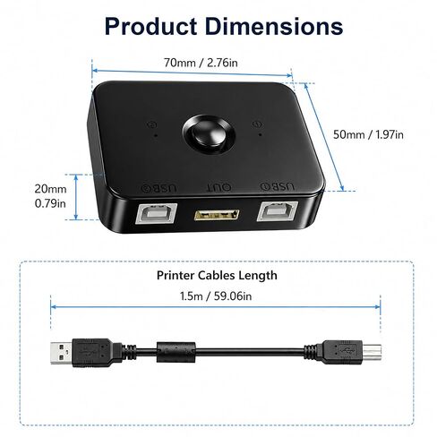 مفتاح مشاركة الطابعة USB 2.0، محدد يدوي بمنفذي USB B لجهازي كمبيوتر مشاركة طابعة واحدة - مؤشر LED، يعمل بالحافلة، يتضمن كابلين USB A إلى B بطول 1.5 متر in Kuwait