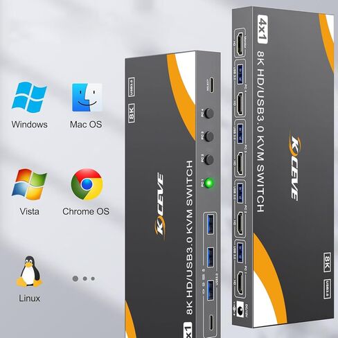 USB 3.0 HDMI KVM Switch 1 شاشات 4 أجهزة كمبيوتر 3 أجهزة كمبيوتر، مفاتيح KVM 8K@60 هرتز لـ 3/4 أجهزة كمبيوتر مشاركة شاشة لوحة مفاتيح وماوس محركات الأقراص الصلبة، مع تكيف EDID، 【ملاحظة: لا توجد محاكاة EDID】 in Kuwait