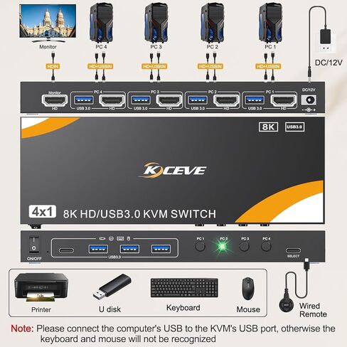 USB 3.0 HDMI KVM Switch 1 شاشات 4 أجهزة كمبيوتر 3 أجهزة كمبيوتر، مفاتيح KVM 8K@60 هرتز لـ 3/4 أجهزة كمبيوتر مشاركة شاشة لوحة مفاتيح وماوس محركات الأقراص الصلبة، مع تكيف EDID، 【ملاحظة: لا توجد محاكاة EDID】 in Kuwait