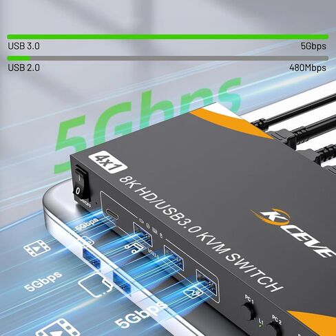 USB 3.0 HDMI KVM Switch 1 شاشات 4 أجهزة كمبيوتر 3 أجهزة كمبيوتر، مفاتيح KVM 8K@60 هرتز لـ 3/4 أجهزة كمبيوتر مشاركة شاشة لوحة مفاتيح وماوس محركات الأقراص الصلبة، مع تكيف EDID، 【ملاحظة: لا توجد محاكاة EDID】 in Kuwait