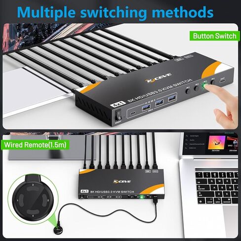 USB 3.0 HDMI KVM Switch 1 شاشات 4 أجهزة كمبيوتر 3 أجهزة كمبيوتر، مفاتيح KVM 8K@60 هرتز لـ 3/4 أجهزة كمبيوتر مشاركة شاشة لوحة مفاتيح وماوس محركات الأقراص الصلبة، مع تكيف EDID، 【ملاحظة: لا توجد محاكاة EDID】 in Kuwait