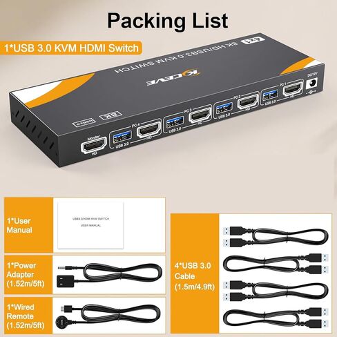 USB 3.0 HDMI KVM Switch 1 شاشات 4 أجهزة كمبيوتر 3 أجهزة كمبيوتر، مفاتيح KVM 8K@60 هرتز لـ 3/4 أجهزة كمبيوتر مشاركة شاشة لوحة مفاتيح وماوس محركات الأقراص الصلبة، مع تكيف EDID، 【ملاحظة: لا توجد محاكاة EDID】 in Kuwait