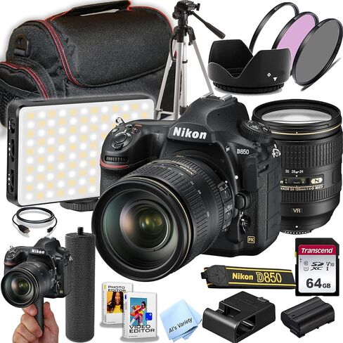 كاميرا نيكون D850 DSLR مع عدسة 24-120 ملم f/4G ED VR | 45.7 ميجابكسل | ذاكرة بدقة 4K UHD + سعة 64 جيجابايت، ومصباح فيديو LED، ومجموعة حشو مكونة من 3 قطع، وحامل ثلاثي القوائم، ومقبض والمزيد (متجددة) in Kuwait