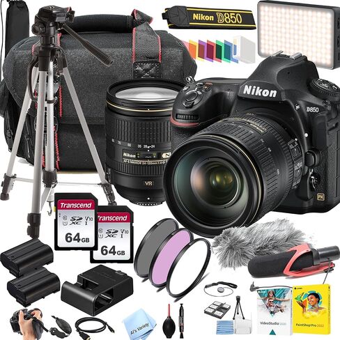 كاميرا نيكون D850 DSLR مع عدسة 24-120 ملم f/4G ED VR | 45.7 ميجابكسل | دقة 4K UHD + ذاكرة سعة 128 جيجابايت + ميكروفون فيديو + إضاءة LED + فلاتر، وحافظة، وحامل ثلاثي القوائم والمزيد (حزمة قيمة فاخرة) (متجددة) in Kuwait