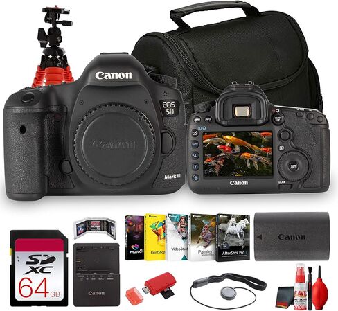 هيكل كاميرا Canon EOS 5D Mark III بإطار كامل DSLR 22.3 ميجابكسل، 61 نقطة AF، فتحات بطاقة مزدوجة، فيديو 1080 بكسل، حامل Canon EF (5260B002) + بطاقة ذاكرة 64 جيجابايت + حقيبة كاميرا + حامل ثلاثي مرن + المزيد (حزمة 10 قطع) in Kuwait