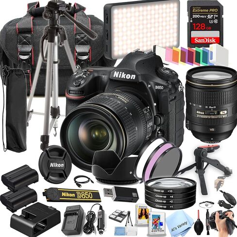 كاميرا نيكون D850 DSLR مع عدسة 24-120 ملم f/4G ED VR | 45.7 ميجابكسل | ذاكرة فائقة الوضوح 4K + سعة 128 جيجابايت، ومصباح فيديو LED، وعدسة زاوية واسعة، وعدسة مقربة، ومجموعة مرشحات مكونة من 3 قطع - حزمة احترافية مكونة من 42 قطعة (متجددة) in Kuwait