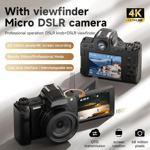 كاميرا Yunseity الرقمية، كاميرا فيديو بدقة 68 ميجابكسل بدقة 4K وتكبير 28X AF MF مع حامل فلاش للشاشة الساخنة مقاس 2.8 بوصة و180 درجة للتصوير الفوتوغرافي in Kuwait