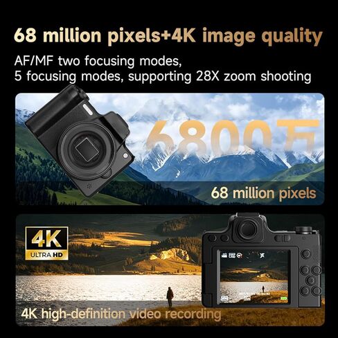 كاميرا Yunseity الرقمية، كاميرا فيديو بدقة 68 ميجابكسل بدقة 4K وتكبير 28X AF MF مع حامل فلاش للشاشة الساخنة مقاس 2.8 بوصة و180 درجة للتصوير الفوتوغرافي in Kuwait