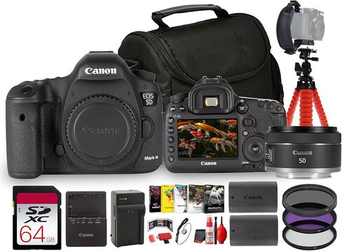 هيكل كاميرا Canon EOS 5D Mark III بإطار كامل DSLR وكاميرا احترافية بدقة 22.3 ميجابكسل (5260B002) عدسة 50 مم + برنامج صور + بطاقة ذاكرة سعة 64 جيجابايت + المزيد (حزمة مكونة من 14 قطعة) in Kuwait