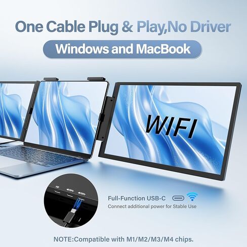 One Cable No Driver Laptop Screen Extender, 14" FHD IPS Ultra-Slim Triple Portable Monitor, 1-Min Setup Single USB-C HDMI Wi-Fi Plug & Play Travel Monitor for 13"-16.5" Windows & MacBook in Kuwait