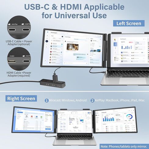 One Cable No Driver Laptop Screen Extender, 14" FHD IPS Ultra-Slim Triple Portable Monitor, 1-Min Setup Single USB-C HDMI Wi-Fi Plug & Play Travel Monitor for 13"-16.5" Windows & MacBook in Kuwait