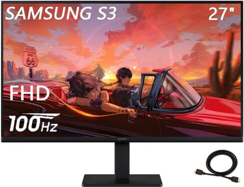 شاشة سامسونج 27 بوصة S3 Series IPS LED FHD، وضع الألعاب، معدل تحديث 100 هرتز، وضع حماية العين، HDMI، D-sub، أسود، مع كابل HDMI in Kuwait