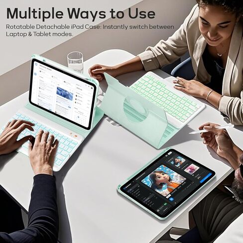 حافظة لوحة المفاتيح BLUTLOTUS للجيل التاسع لجهاز iPad 10.2 بوصة حافظة لوحة مفاتيح مغناطيسية قابلة للدوران 360 درجة مع تصميم أخدود حامل قلم رصاص، لوحة مفاتيح لاسلكية قابلة للفصل بإضاءة خلفية 7 ألوان (أخضر نعناعي) in Kuwait