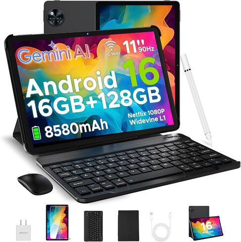 U11 Android 16 Tablet with Keyboard, 11 inch Tablet & Gemini AI, 16GB+128GB/2TB, 8580mAh Android Tablet, Unisoc T7200 Octa-Core Gaming Tablets, 13MP+5MP, Widevine L1/BT5.0+5G WiFi, Metal Body in Kuwait