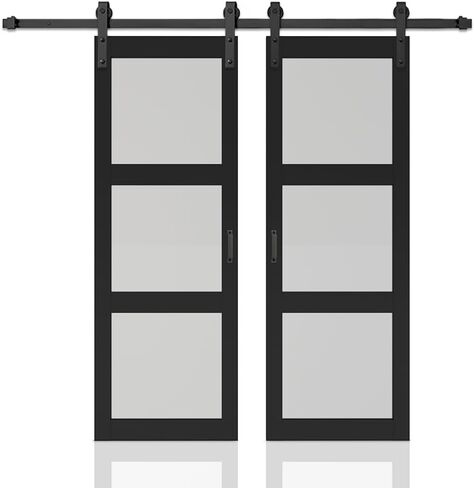 42 in. x 84 in. 3-Lite Tempered Frosted Glass Black Finished Composite Double Sliding Barn Door with Hardware Kit Handle in Kuwait
