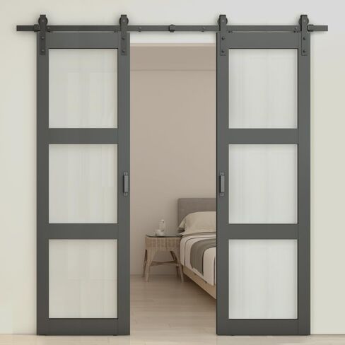42 in. x 84 in. 3-Lite Tempered Frosted Glass Black Finished Composite Double Sliding Barn Door with Hardware Kit Handle in Kuwait