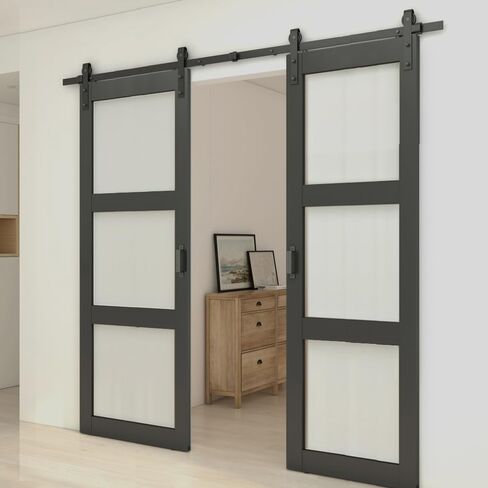 42 in. x 84 in. 3-Lite Tempered Frosted Glass Black Finished Composite Double Sliding Barn Door with Hardware Kit Handle in Kuwait