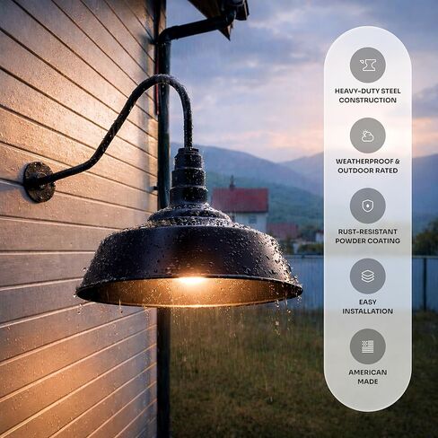 شركة Steel Lighting Co. مصابيح حظيرة خارجية كبيرة | تجهيزات إضاءة المرآب | صنع في أمريكا من الفولاذ عيار 18 | قبة مقاس 20 بوصة | ذراع مستقيم مقاس 20 بوصة من الخارج باللون الأسود غير اللامع/الداخل باللون الأبيض in Kuwait