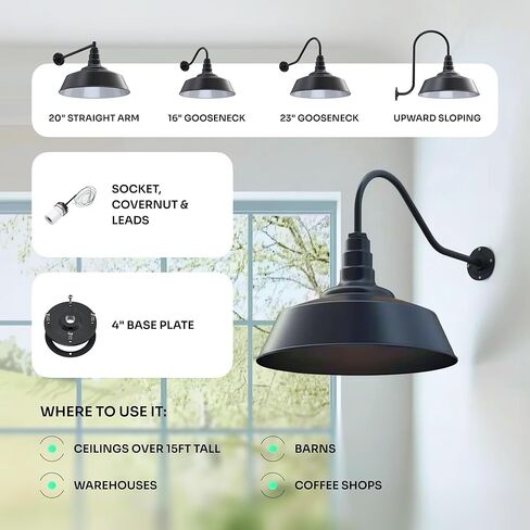 شركة Steel Lighting Co. مصابيح حظيرة خارجية كبيرة | تجهيزات إضاءة المرآب | صنع في أمريكا من الفولاذ عيار 18 | قبة مقاس 20 بوصة | ذراع مستقيم مقاس 20 بوصة من الخارج باللون الأسود غير اللامع/الداخل باللون الأبيض in Kuwait