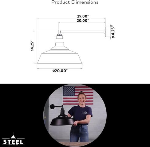 شركة Steel Lighting Co. مصابيح حظيرة خارجية كبيرة | تجهيزات إضاءة المرآب | صنع في أمريكا من الفولاذ عيار 18 | قبة مقاس 20 بوصة | ذراع مستقيم مقاس 20 بوصة من الخارج باللون الأسود غير اللامع/الداخل باللون الأبيض in Kuwait